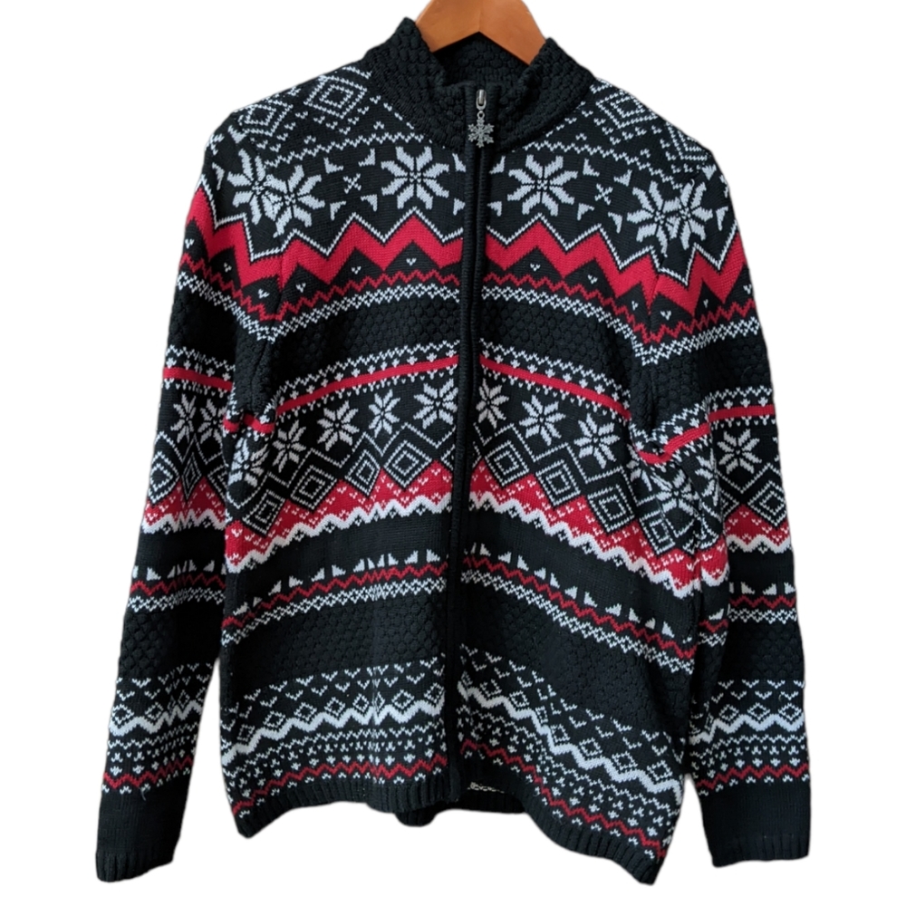 Breckenridge Women's Full Zip Sweater Fair Isle Petite XL Red Black Snowflakes